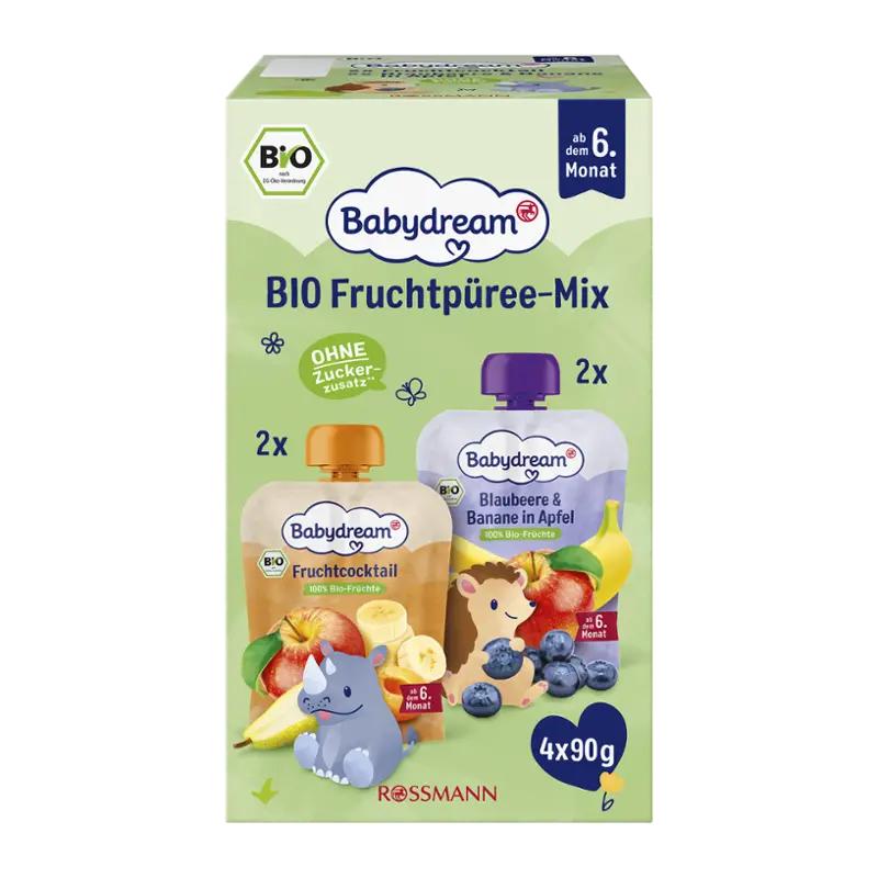 Babydream BIO ovocné pyré jablko, borůvka a banán +  jablko, hruška, banán a meruňka, 360 g