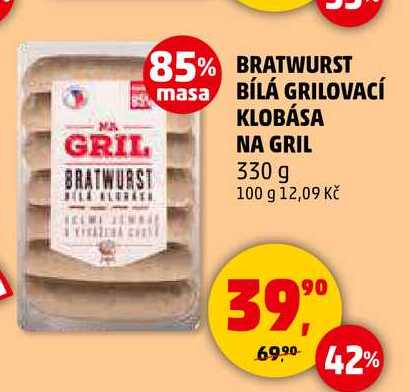 BRATWURST BÍLÁ GRILOVACÍ KLOBÁSA NA GRIL, 330 g