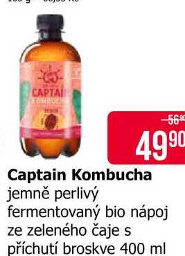 Captain Kombucha jemně perlivý fermentovaný bio nápoj ze zeleného čaje s příchutí broskve 400 ml 