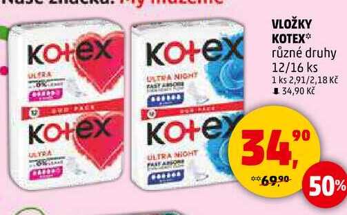 VLOŽKY KOTEX různé druhy, 12/16 ks