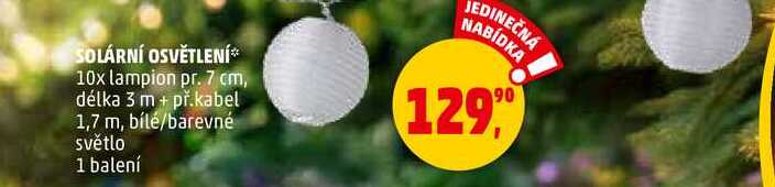 SOLÁRNÍ OSVĚTLENÍ, 10x lampion pr. 7 cm, délka 3 m + př.kabel 1,7 m, bílé/barevné světlo, 1 balení 