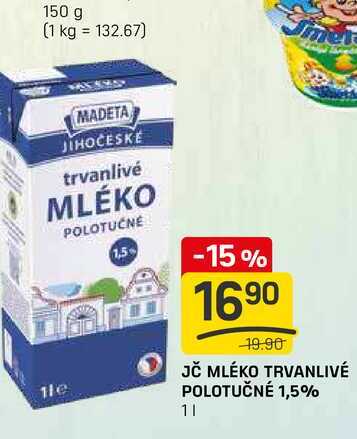 JČ MLÉKO TRVANLIVÉ POLOTUČNÉ 1,5% 1l