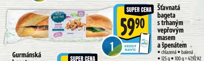 Šťavnatá bageta s trhaným vepřovým masem a špenátem, 125 g