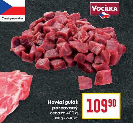 Hovězí guláš porcovaný cena za 400 g 