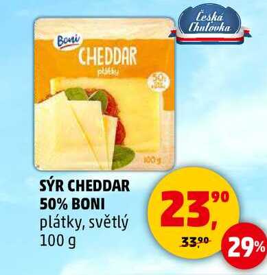 SÝR CHEDDAR 50% BONI plátky, světlý, 100 g