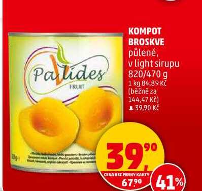 KOMPOT BROSKVE půlené, v light sirupu, 820/470 g 