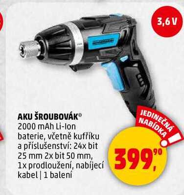 AKU ŠROUBOVÁK, 2000 mAh Li-Ion baterie, včetně kufříku a příslušenství: 24x bit 25 mm 2x bit 50 mm, 1x prodloužení, nabíjecí kabel, 1 balení  