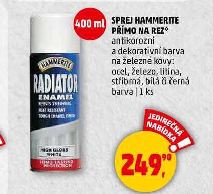 SPREJ HAMMERITE PŘÍMO NA REZ antikorozní a dekorativní barva na železné kovy: ocel, železo, litina, stříbrná, bílá či černá barva, 1 ks  
