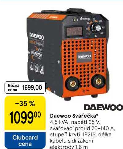 Daewoo Svářečka, 4.5 kVA, napětí 65 V. svařovací proud 20-140 A. stupeň krytí: IP21S, délka kabelu s držákem elektrody 1.6 m 