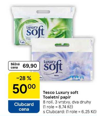 Tesco Luxury soft Toaletní papír, 8 rolí. 3 vrstvy, dva druhy