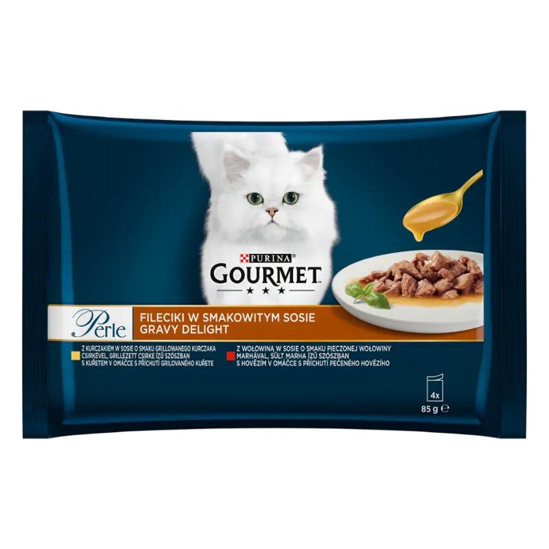 Gourmet Kapsičky pro kočky Perle Gravy Delight s kuřetem a s hovězím v ochucených omáčkách Multipack 4x 85 g, 340 g