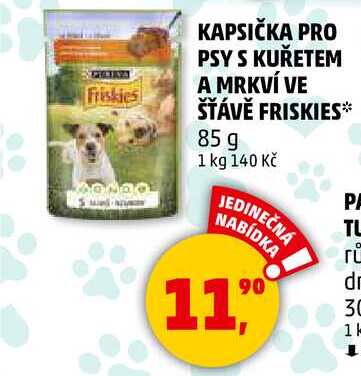KAPSIČKA PRO PSY S KUŘETEM A MRKVÍ VE ŠŤÁVĚ FRISKIES, 85 g  