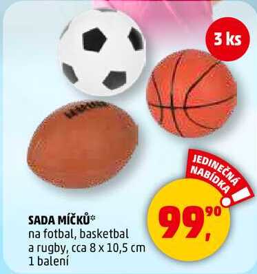 SADA MÍČKŮ na fotbal, basketbal a rugby, cca 8 x 10,5 cm, 1 balení 