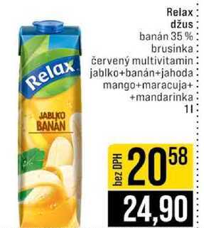 Relax džus banán 35 % brusinka červený multivitamin jablko+banán+jahoda: mango+maracuja+mandarinka 1l