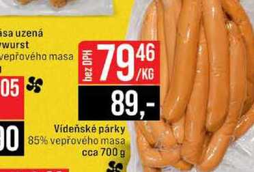 Vídeňské párky 85% vepřového masa cca 700 g 