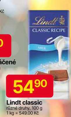 Lindt classic různé druhy, 100 g 
