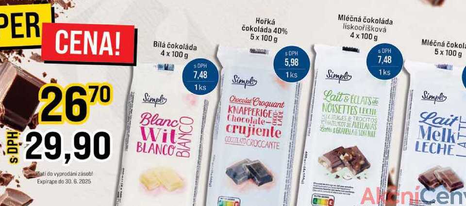 Bílá čokoláda 4 x 100 g Hořká čokoláda 40% 5 x 100 g Mléčná čokoláda liskooříšková 4x100 g Mléčná čokola 5 x 100 g