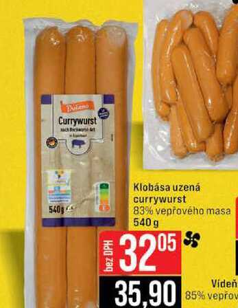 Klobása uzená currywurst 83% vepřového masa 540g