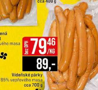 Vídeňské párky 85% vepřového masa cca 700 g 