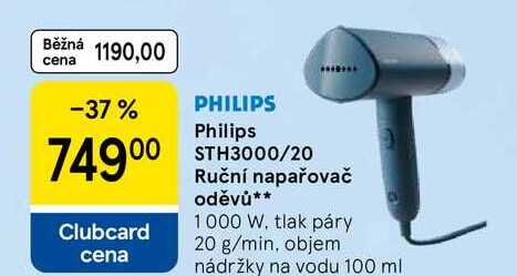 Philips STH3000/20 Ruční napařovač oděvů, 1000 W, tlak páry 20 g/min, objem nádržky na vodu 100 ml 