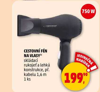 CESTOVNÍ FÉN NA VLASY skládací rukojeť a lehká konstrukce, př. kabelu 1,6 m, 1 ks 