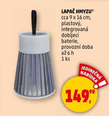 LAPAČ HMYZU cca 9 x 16 cm, plastový, integrovaná dobíjecí baterie, provozní doba až 6 h, 1 ks 