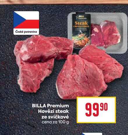 BILLA Premium Hovězí steak ze svíčkové cena za 100 g 