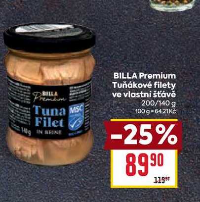 BILLA Premium Tuňákové filety ve vlastni šťávě 200/140 g 