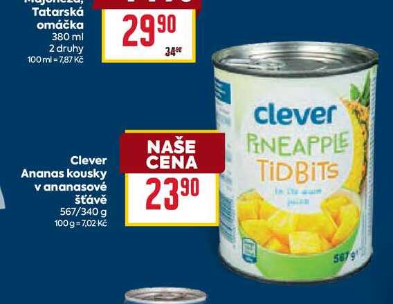 Clever Ananas kousky v ananasové šťávě 567/340 g