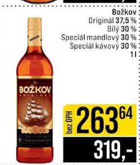 Božkov Originál 37,5% Bílý 30% Speciál mandlový 30 %. Speciál kávový 30% 1l