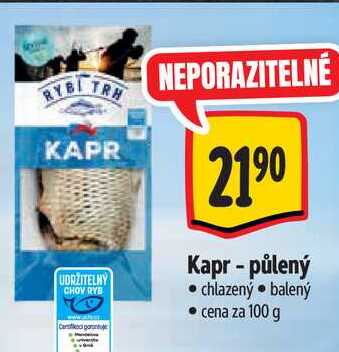 Kapr - půlený, cena za 100 g 
