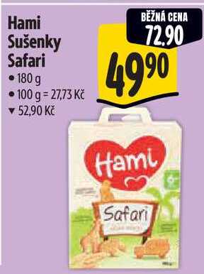 Hami Sušenky Safari • 180 g • 100 g = 27,73 Kč ▼ 52,90 Kč BĚŽNÁ CENA 72.90 49⁹0 Hami Safari 