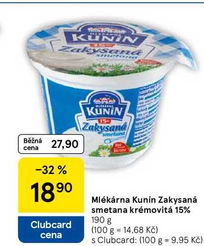Mlékárna Kunín Zakysaná smetana krémovitá 15%, 190 g 