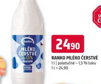 Ranko mléko čerstvá 1l polotučné 1,5% tuku