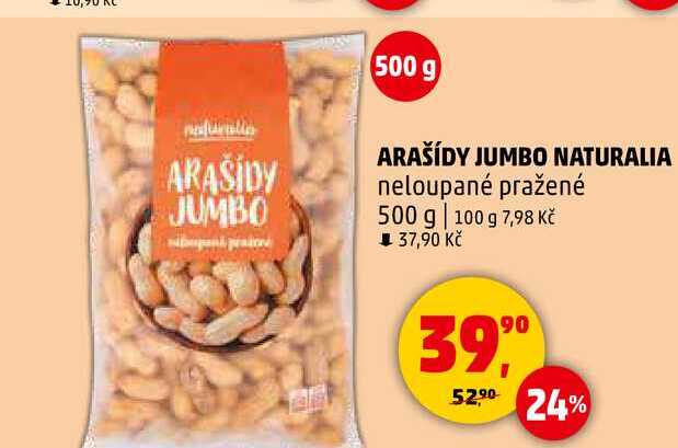 ARAŠÍDY JUMBO NATURALIA neloupané pražené, 500 g  