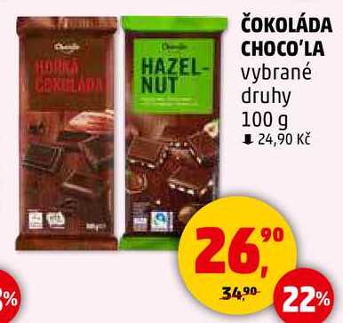 ČOKOLÁDA CHOCO'LA vybrané druhy, 100 g  
