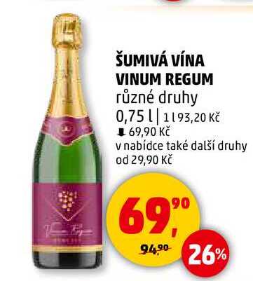 ŠUMIVÁ VÍNA VINUM REGUM různé druhy, 0,75 l