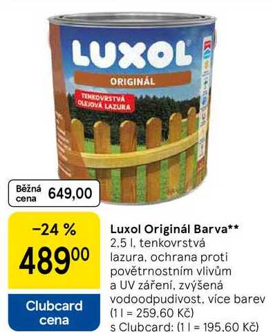 Luxol Originál Barva, 2.5 l, tenkovrstvá lazura, ochrana proti povětrnostním vlivům a UV záření, zvýšená vodoodpudivost