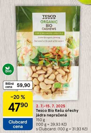 Tesco Bio Kešu ořechy jádra nepražená, 150 g 