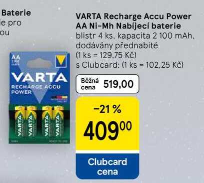 VARTA Recharge Accu Power AA Ni-Mh Nabíjecí baterie, blistr 4 ks, kapacita 2 100 mAh 