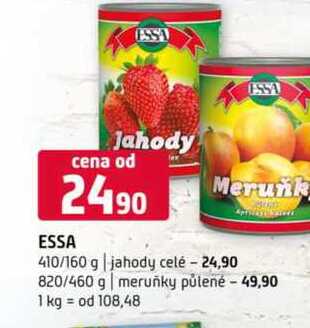 ESSA Merunk 410/160 g jahody celé 820/460 g meruňky půlené 
