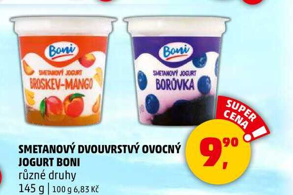 SMETANOVÝ DVOUVRSTVÝ OVOCNÝ JOGURT BONI různé druhy, 145 g 