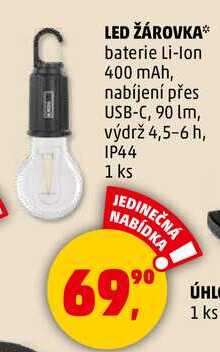 LED ŽÁROVKA, baterie Li-Ion 400 mAh, nabíjení přes USB-C, 90 lm, výdrž 4,5-6 h, IP44, 1 ks  