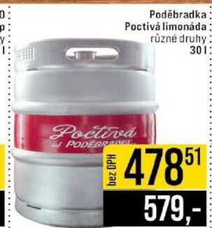 Poděbradka Poctivá limonáda různé druhy 30l