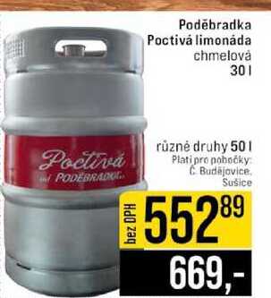 Poděbradka Poctivá limonáda chmelová 30l různé druhy 50l