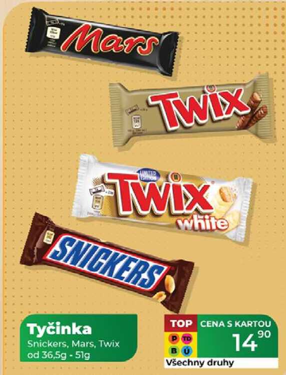 Tyčinka Snickers, Mars, Twix od 36,5g - 51g
