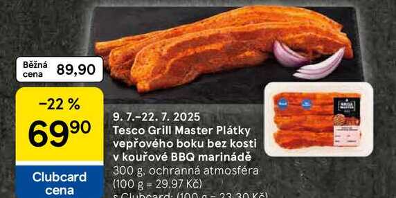 Tesco Grill Master Plátky vepřového boku bez kosti v kouřové BBQ marinádě, 300 g