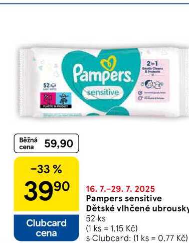Pampers sensitive Dětské vlhčené ubrousky, 52 ks 