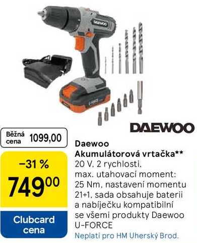 Daewoo Akumulátorová vrtačka, 20 V. 2 rychlosti. max. utahovací moment: 25 Nm, nastavení momentu 21+1, sada obsahuje baterii a nabíječku kompatibilní se všemi produkty Daewoo U-FORCE  