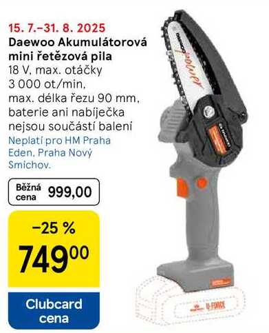 Daewoo Akumulátorová mini řetězová pila, 18 V. max. otáčky 3 000 ot/min. max. délka řezu 90 mm